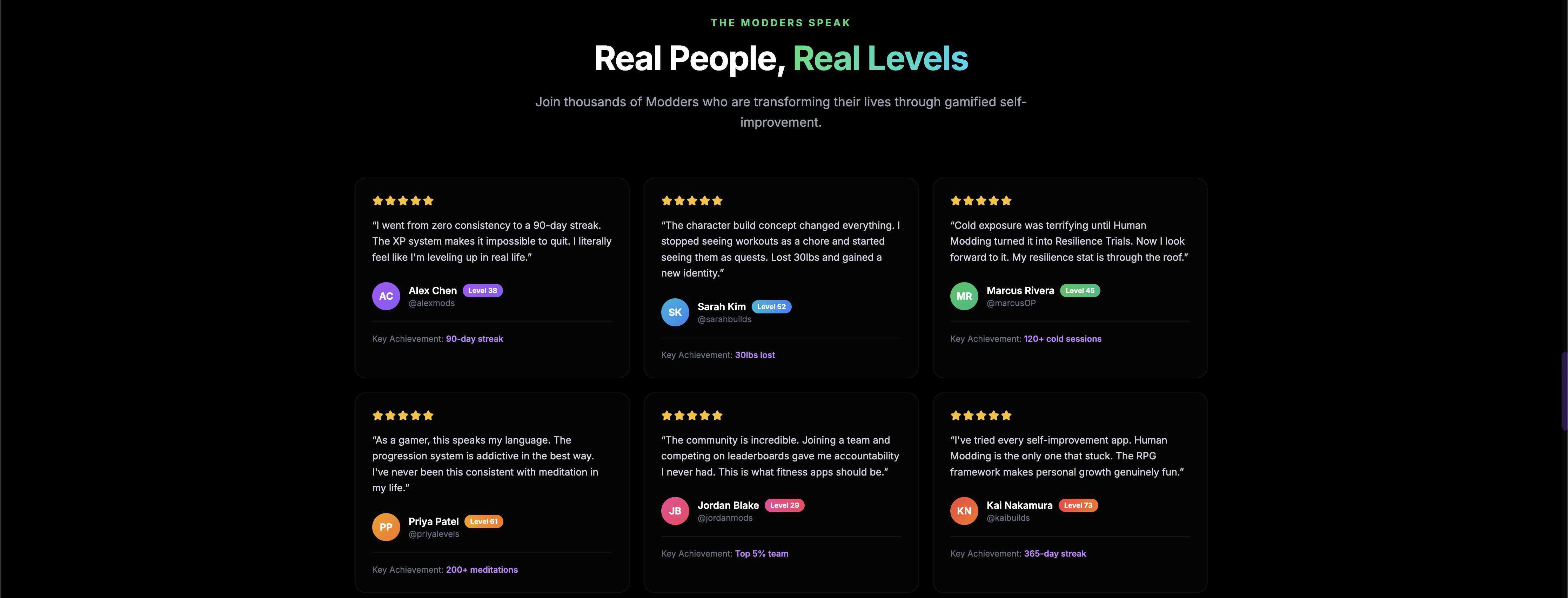 Human Modding dashboard showing character stats, XP progress, and achievement badges